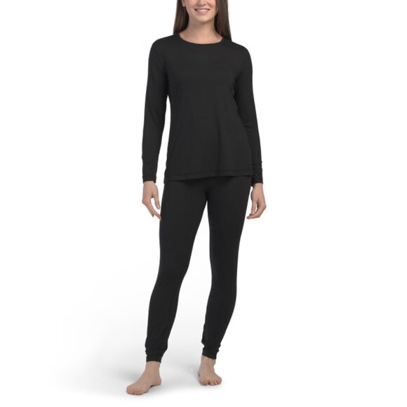 LANDS END Black 2pc Thermaskin Heat Generating Moisture Wicking Baselayer Set - Picture 1 of 2